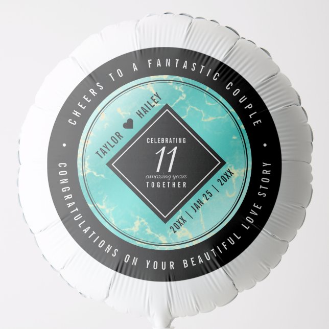 Elegant 11th Turquoise Wedding Anniversary Balloon (Front)