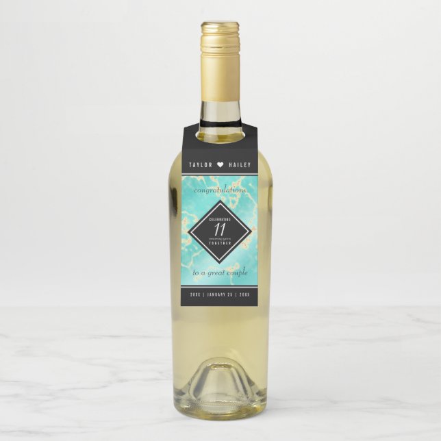 Elegant 11th Turquoise Wedding Anniversary Bottle Hanger Tag (On Bottle)
