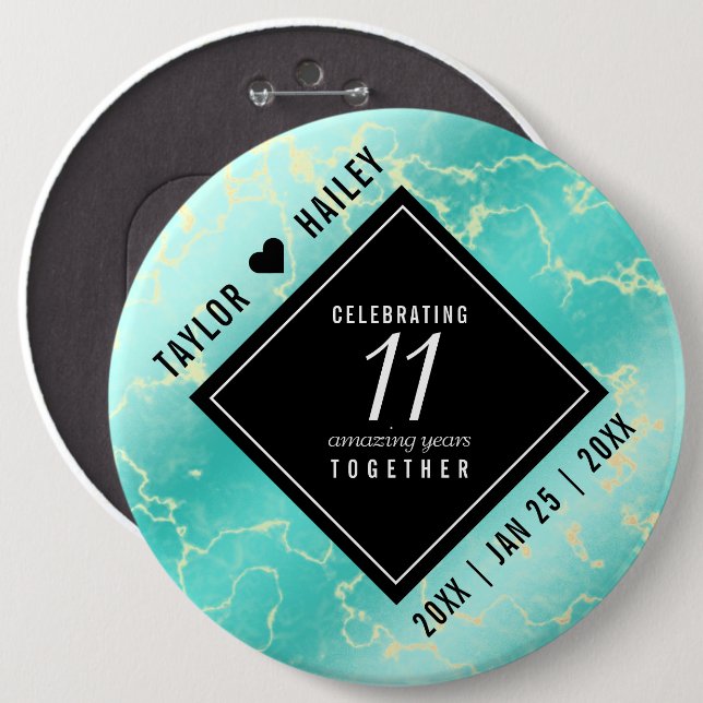 Elegant 11th Turquoise Wedding Anniversary Button (Front & Back)
