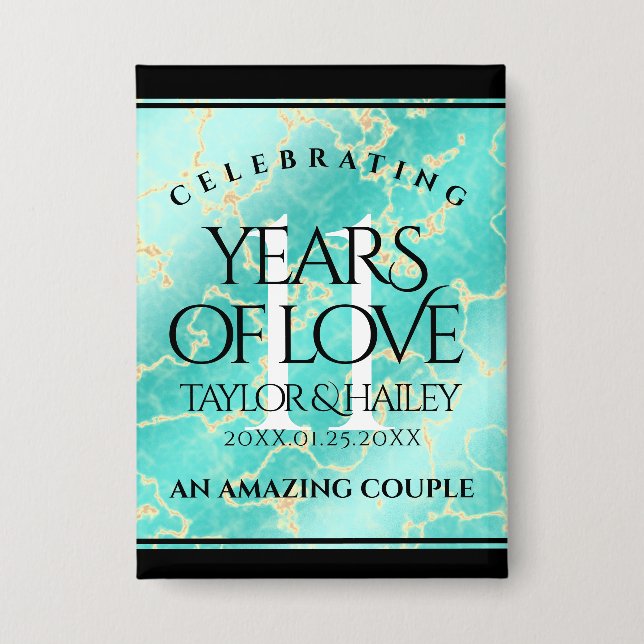 Elegant 11th Turquoise Wedding Anniversary Button (Front)