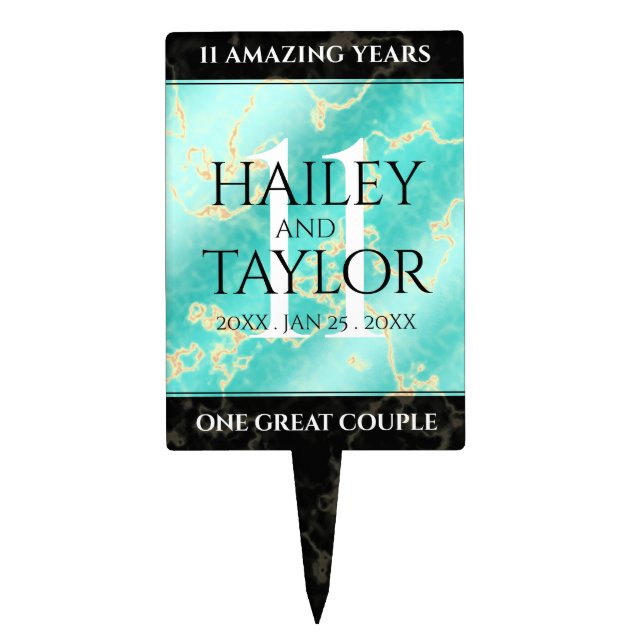 Elegant 11th Turquoise Wedding Anniversary Cake Topper (Front)