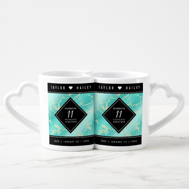 Elegant 11th Turquoise Wedding Anniversary Coffee Mug Set (Back Nesting)