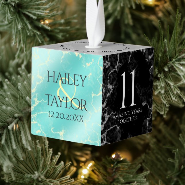 Elegant 11th Turquoise Wedding Anniversary Cube Ornament (Tree)