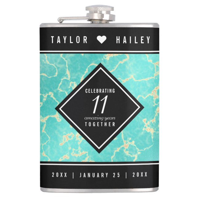 Elegant 11th Turquoise Wedding Anniversary Flask (Front)
