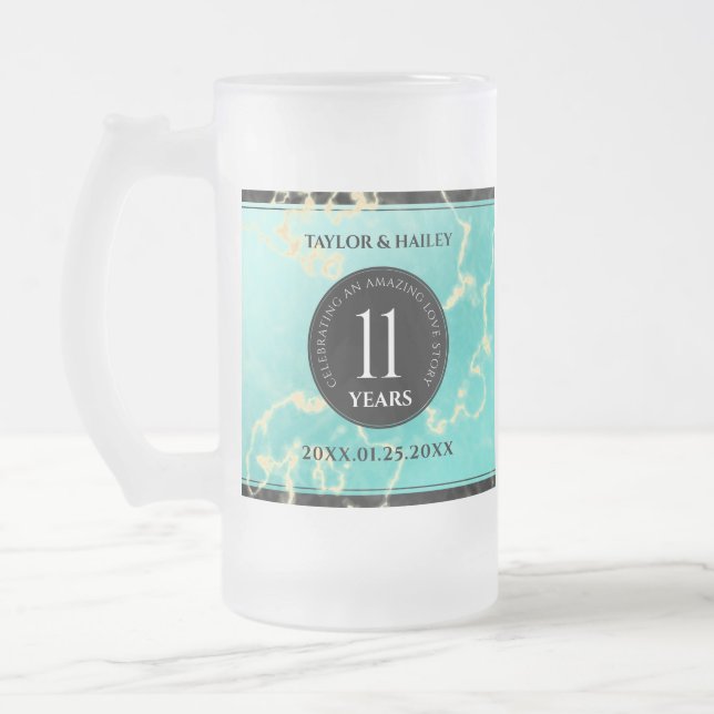 Elegant 11th Turquoise Wedding Anniversary Frosted Glass Beer Mug (Left)