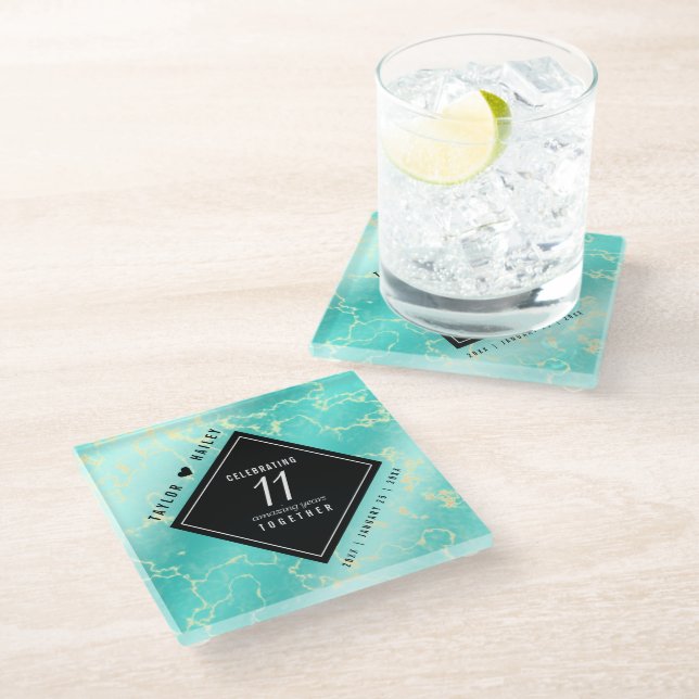 Elegant 11th Turquoise Wedding Anniversary Glass Coaster (Angled)