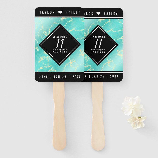 Elegant 11th Turquoise Wedding Anniversary Hand Fan (Front and Back)