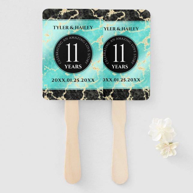 Elegant 11th Turquoise Wedding Anniversary Hand Fan (Front and Back)