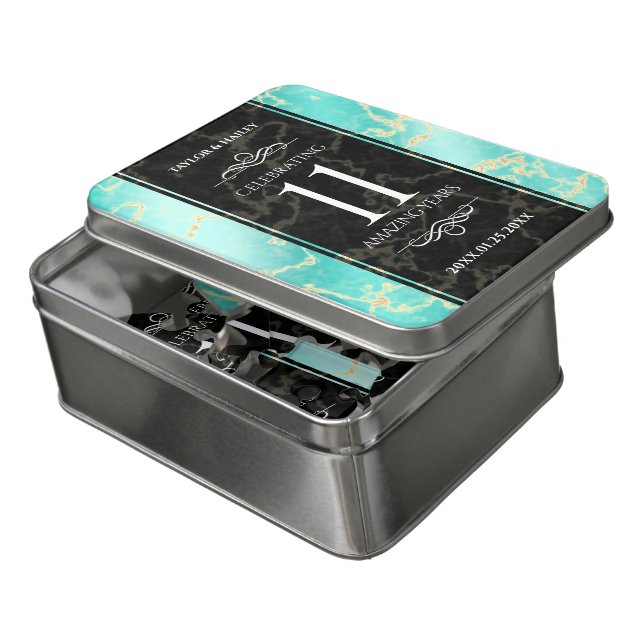 Elegant 11th Turquoise Wedding Anniversary Jigsaw Puzzle (Lid Open)