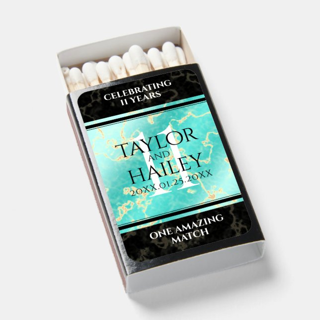 Elegant 11th Turquoise Wedding Anniversary Matchboxes (Front Open)