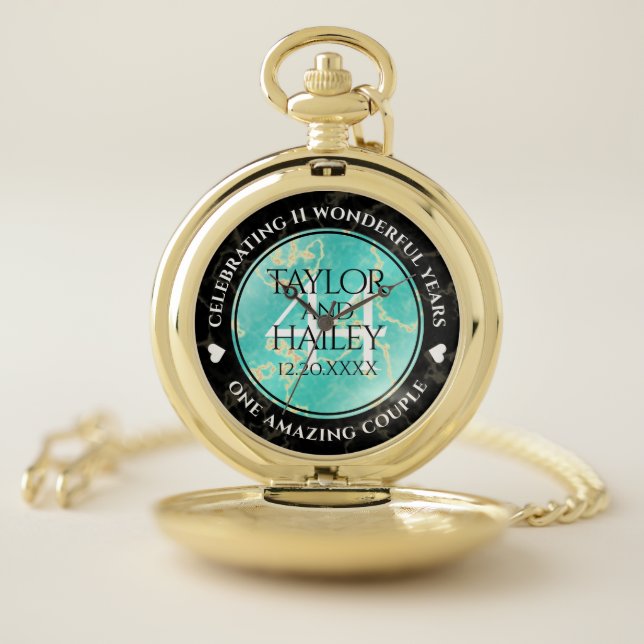 Elegant 11th Turquoise Wedding Anniversary Pocket Watch (Inside)