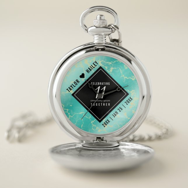 Elegant 11th Turquoise Wedding Anniversary Pocket Watch (Inside)