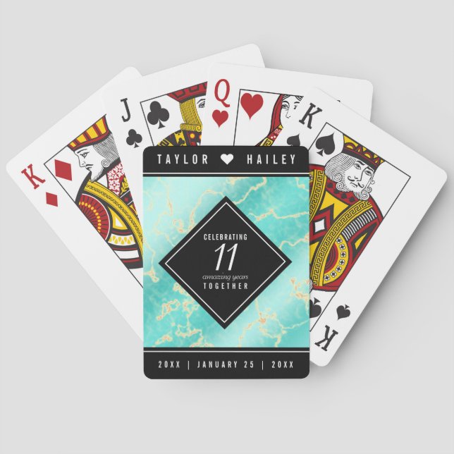 Elegant 11th Turquoise Wedding Anniversary Poker Cards (Back)