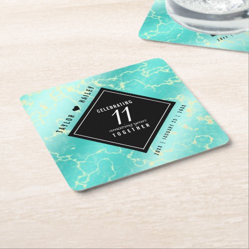 Elegant 11th Turquoise Wedding Anniversary Square Paper Coaster