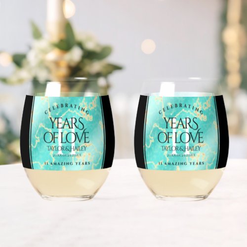 Elegant 11th Turquoise Wedding Anniversary Stemless Wine Glass
