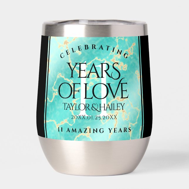 Elegant 11th Turquoise Wedding Anniversary Thermal Wine Tumbler (Back)