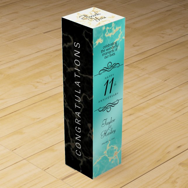 Elegant 11th Turquoise Wedding Anniversary Wine Box (Front)