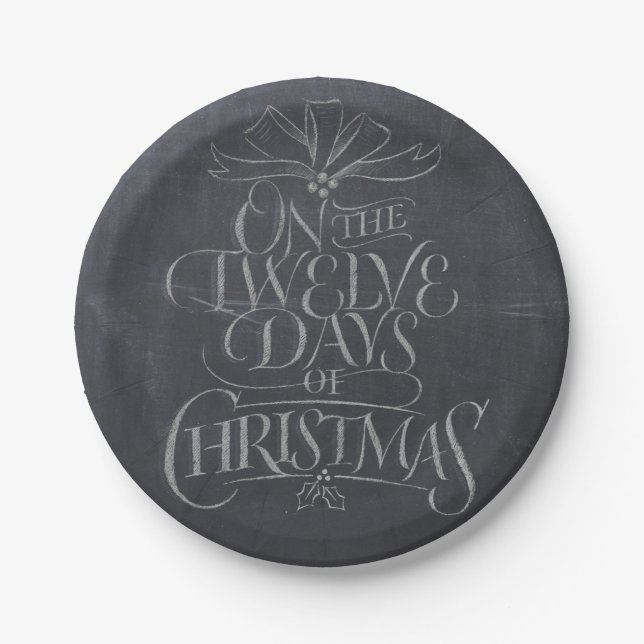 Elegant 12 Days of Christmas Calligraphy Paper Plates (Front)