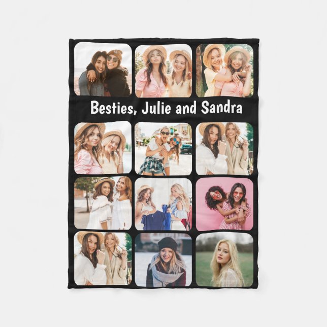 Elegant 12 Photo Collage Personalized Black Fleece Blanket (Front)
