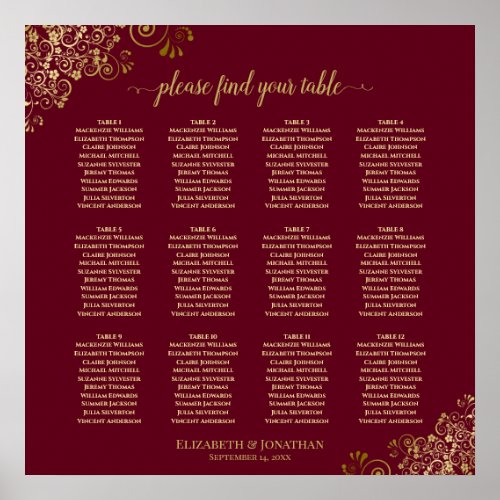 Elegant 12 Table Burgundy  Gold Seating Chart