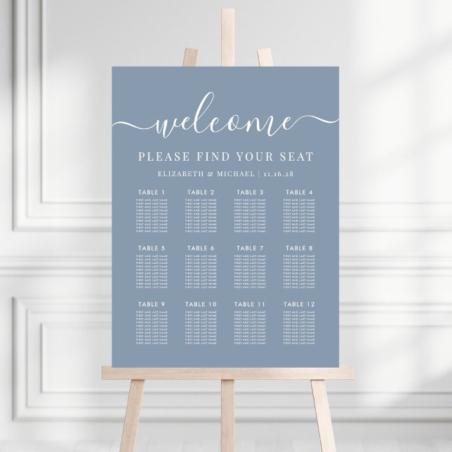 Elegant 12 Table Dusty Blue Wedding Seating Chart Foam Board (Creator Uploaded)