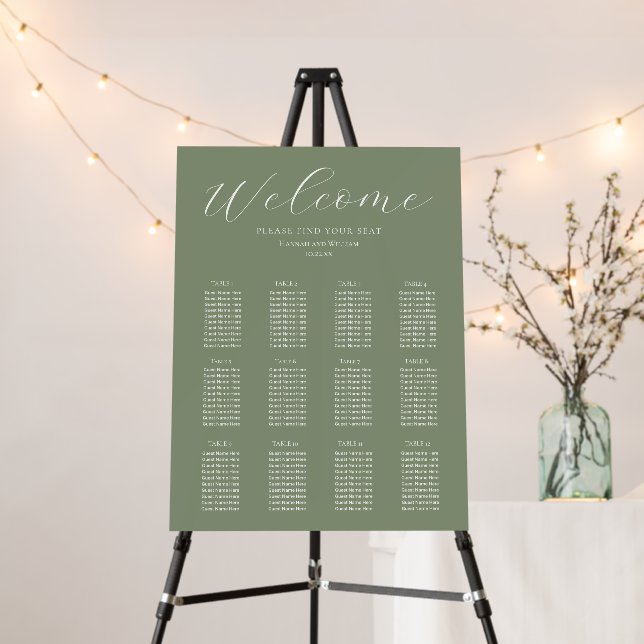 Elegant 12 Table Sage Green Script Seating Chart Foam Board (In Situ (Stand))