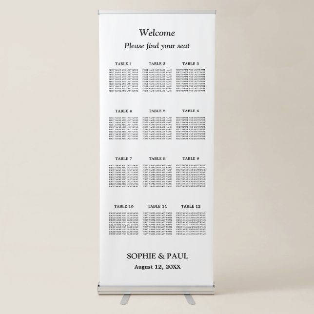 Elegant 12 Table Wedding Seating Chart Retractable Banner (Front)