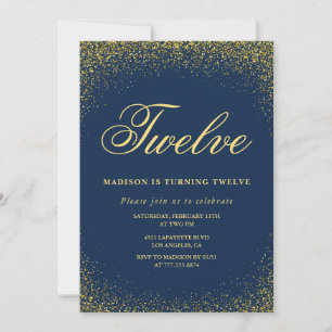 Elegant 12th birthday invitation Gold Navy Glam