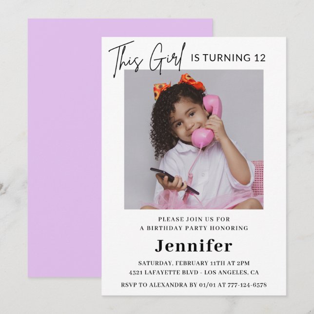 Elegant 12th birthday invitation Photo Girl Modern (Front/Back)