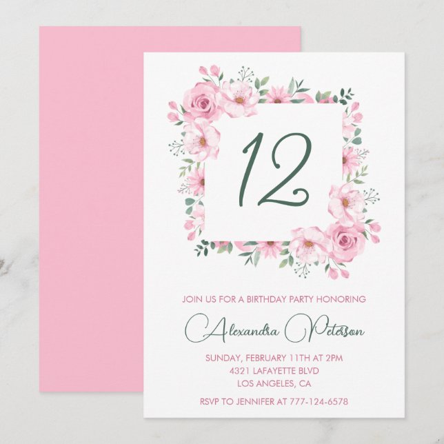Elegant 12th birthday invitations Floral  Pink (Front/Back)