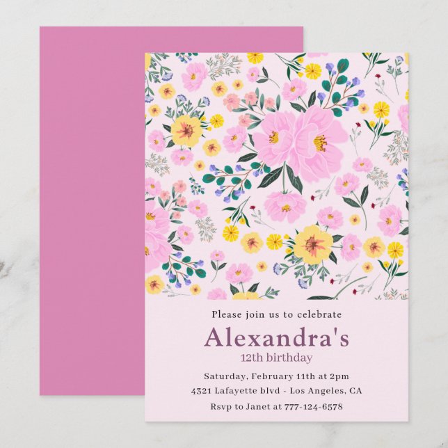 Elegant 12th birthday invitations Pink Floral Chic (Front/Back)
