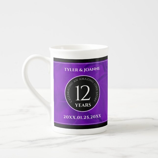 Elegant 12th Silk Wedding Anniversary Celebration Bone China Mug (Left)