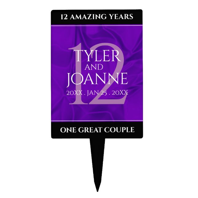 Elegant 12th Silk Wedding Anniversary Celebration Cake Topper (Front)