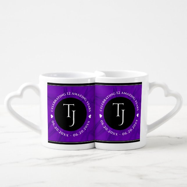Elegant 12th Silk Wedding Anniversary Celebration Coffee Mug Set (Front Nesting)