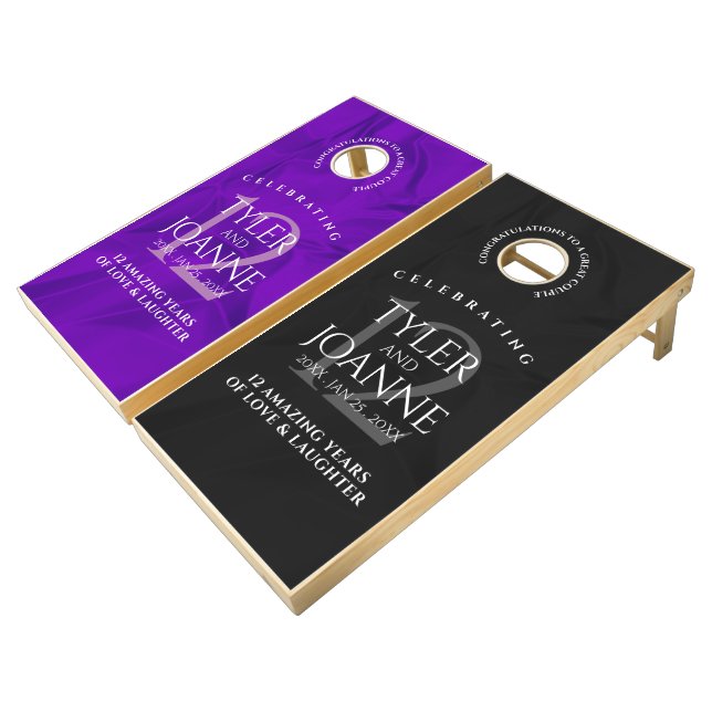 Elegant 12th Silk Wedding Anniversary Celebration Cornhole Set (Angled)