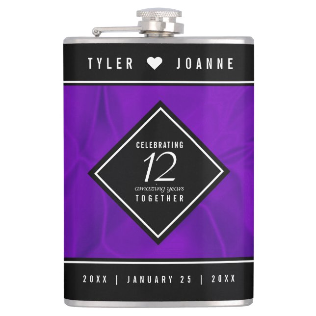 Elegant 12th Silk Wedding Anniversary Celebration Flask (Front)