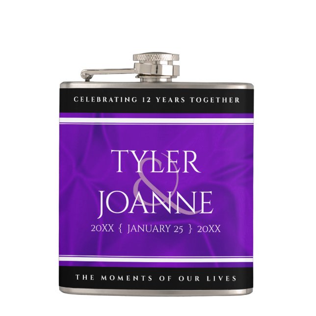 Elegant 12th Silk Wedding Anniversary Celebration Flask (Front)