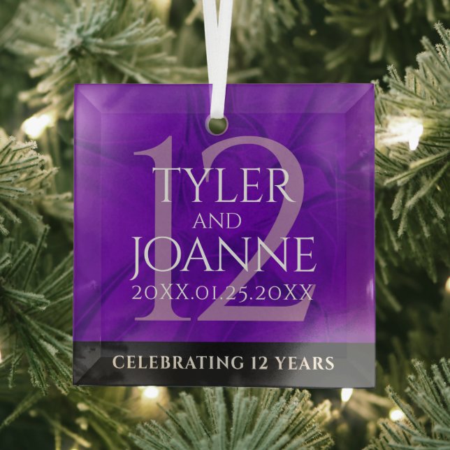 Elegant 12th Silk Wedding Anniversary Celebration Glass Ornament (Insitu)