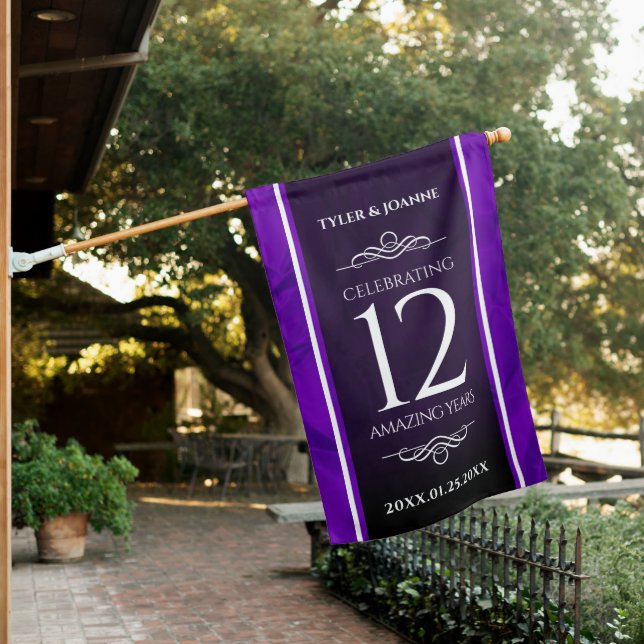 Elegant 12th Silk Wedding Anniversary Celebration House Flag (In SItu)
