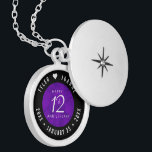 Elegant 12th Silk Wedding Anniversary Celebration Locket Necklace<br><div class="desc">Commemorate the 12th wedding anniversary with this elegant locket! Elegant white serif and sans serif lettering on a luxurious purple silk background add a memorable touch for this special occasion and milestone. Customize with the happy couple's names, and dates for their silk anniversary. Design © W.H. Sim, All Rights Reserved....</div>