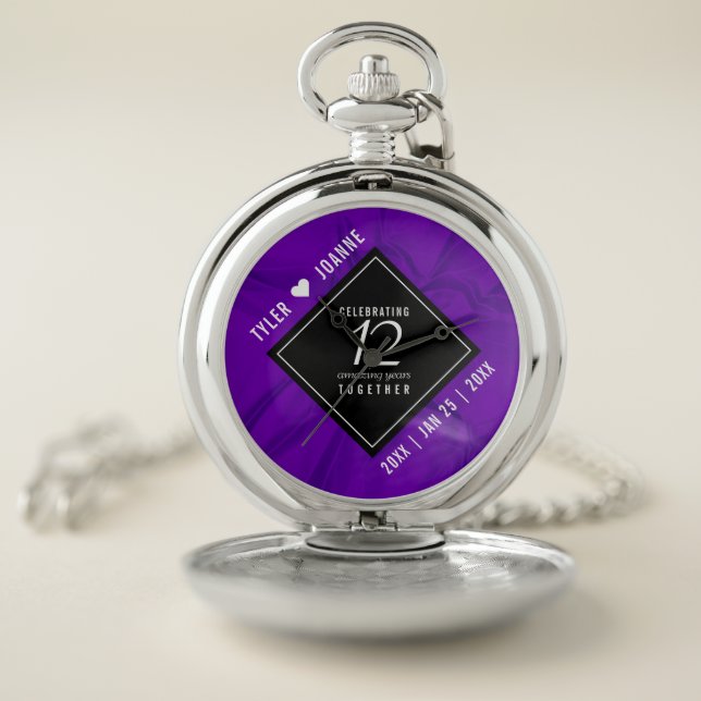 Elegant 12th Silk Wedding Anniversary Celebration Pocket Watch (Inside)