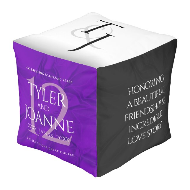 Elegant 12th Silk Wedding Anniversary Celebration Pouf (Angled Front)