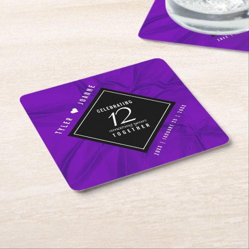 Elegant 12th Silk Wedding Anniversary Celebration Square Paper Coaster