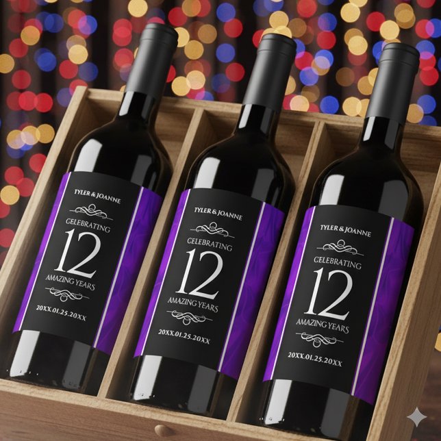 Elegant 12th Silk Wedding Anniversary Celebration Wine Label (12th Silk Wedding Anniversary Wine/Liquor Drink Label Cover Photo)