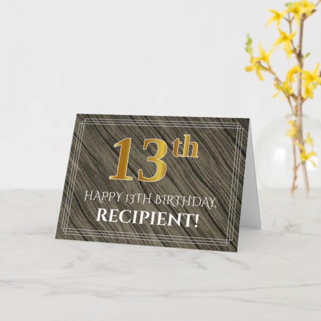 Elegant 13th Birthday: Faux Wood, Faux Gold Look Card (Yellow Flower)