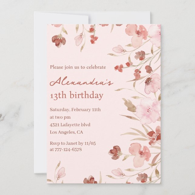 Elegant 13th birthday invitations Floral Chic (Front)