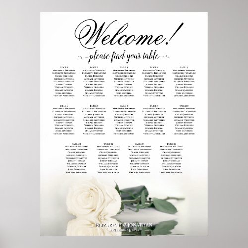 Elegant 14 Table White Rose Wedding Seating Chart