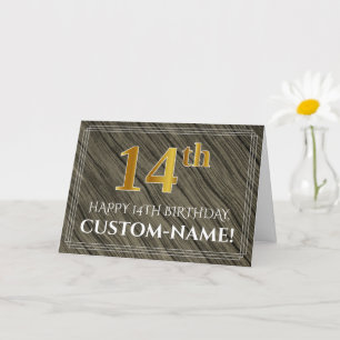 Elegant 14th Birthday: Faux Wood, Faux Gold Look Card
