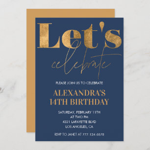 Elegant 14th birthday invitations Navy Gold