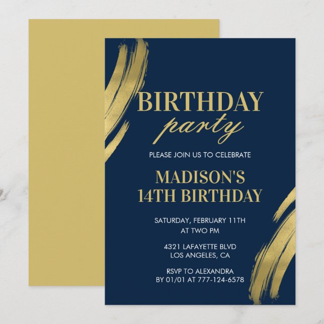 Elegant 14th birthday invitations Party Girl Navy (Front/Back)